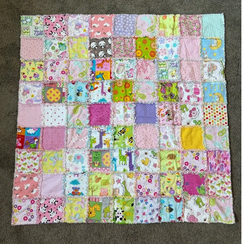 Handmade Multicolored Baby Double Sided Patchwork Quilt Blanket 37x38